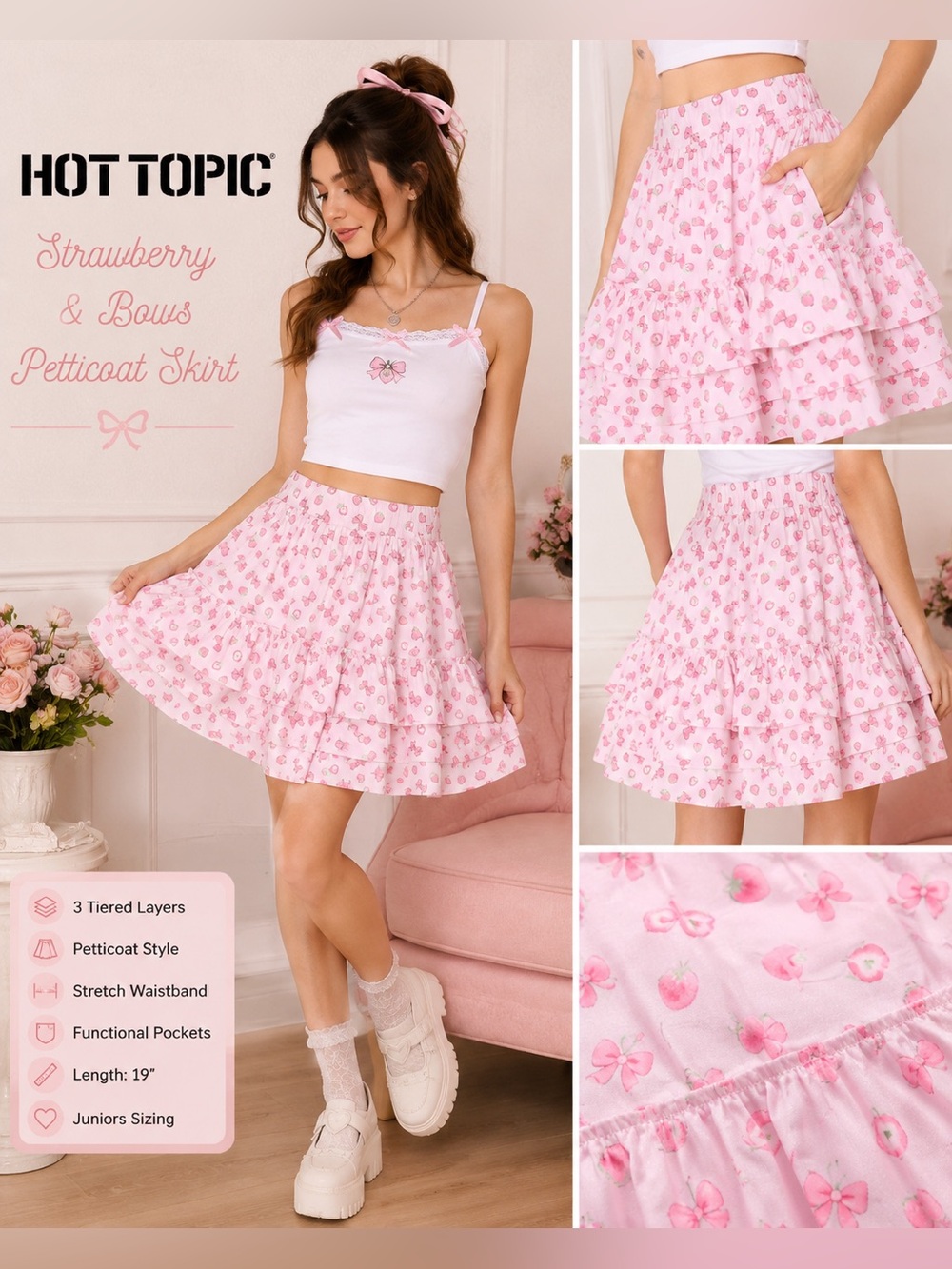 Hot Topic Strawberry & Bows Petticoat Tier Skirt Pink Kawaii Coquette XS